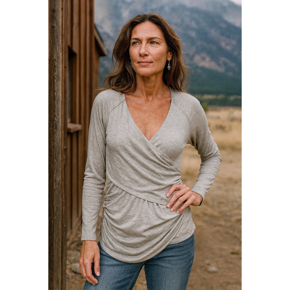 Quiet Luxury Romantic Academia Ruched Wrap Long Sleeve Top Gray‎ Sundance Small